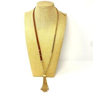 NWT White House Black Market Fringe Pendant NEcklace LEather Gold Tone msrp 60